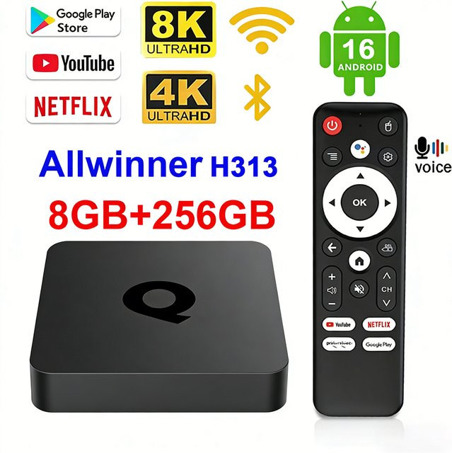 Android 16 Smart TV Box H313 Q1 mit 8GB RAM und 256GB Speicher, 8K Video HDR10+, 5G Dual WLAN, Bluetooth 5.4 und Sprachfernbedienung, Schwarz - Bild 1