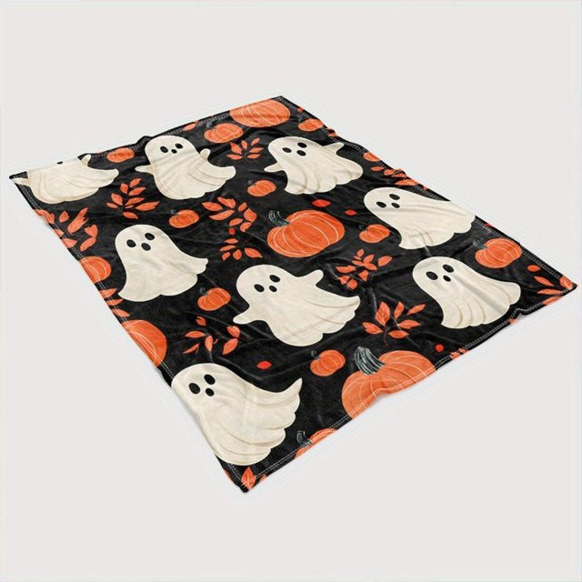 JMG Household Supplies Halloween Decke mit Geist- und Kürbisdruck aus weichem Plüsch, B/B: 70 x 100 cm, Schwarz-Orange-Weiß - Bild 1
