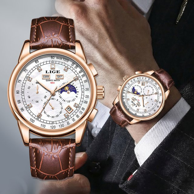 LIGE Armbanduhr Chronograph, Quarz, Weiß, Leder, Herren - Bild 1