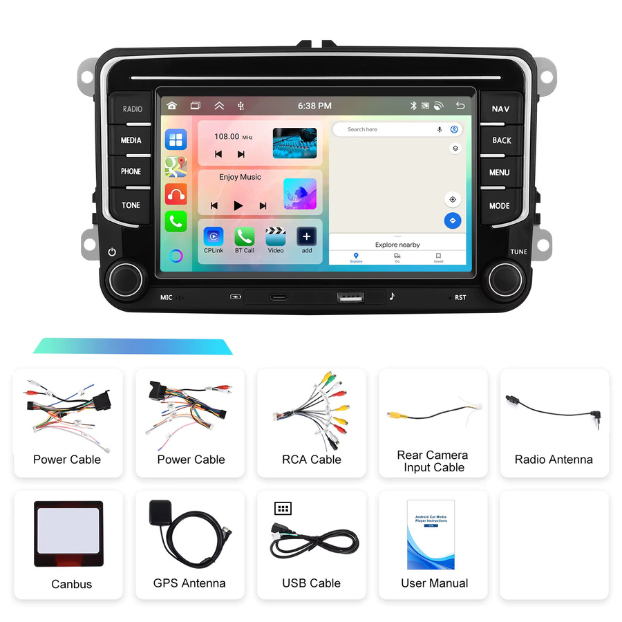 Podofo 7 Zoll Multimedia-Autoradio mit 6 GB RAM und 128 GB Speicher für VW Passat Golf Polo Bora, Android Auto, Apple CarPlay, WiFi, Bluetooth und DSP Sound, Schwarz - Bild 5