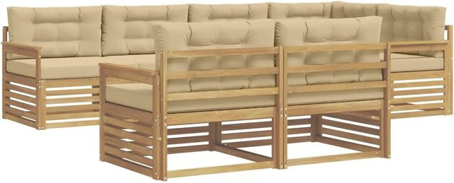 vidaXL Outdoor-Sofagarnitur 7-teilig in L-Form aus Akazienholz mit Kissen in Weiß und Beige - Bild 1