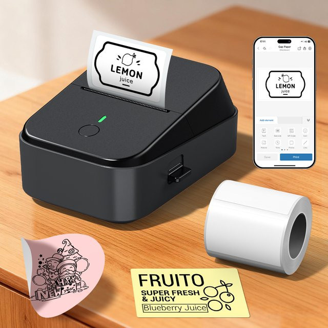 Tragbarer kabelloser Thermodrucker POLONO PM260B in Schwarz mit Bluetooth und USB-C Verbindung, 203 DPI hochauflösend, kompatibel mit 30-50 mm Breite und 48 mm Druckbreite - Bild 1