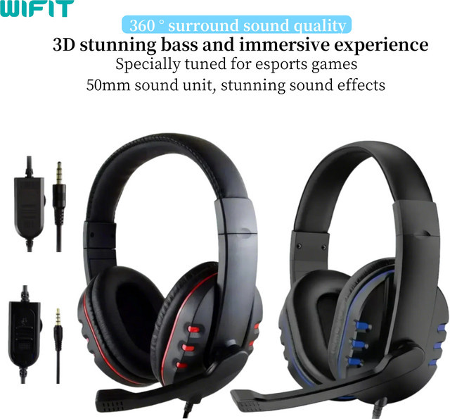 WIFIT Gaming Kopfhörer mit Mikrofon, kabelgebunden mit 3,5-mm-Klinkenstecker für PC, Schwarz-Rot - Bild 1