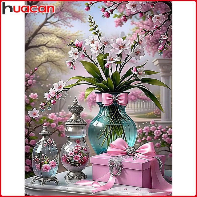 Huacan Diamant-Gemälde Pflaumenblüten-Vase in Mehrfarbig, Wandbild mit floralem Motiv, B/H: 20 x 30 cm - Bild 1