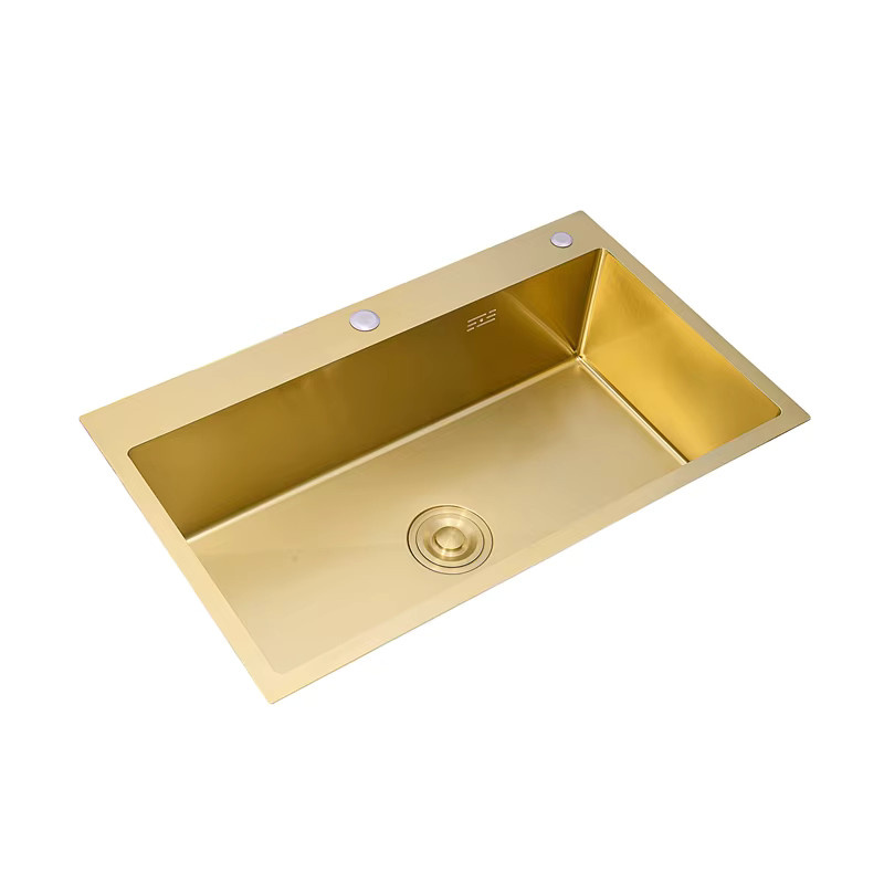 CKWS Küchenspüle aus Edelstahl 304 in Gold mit Einzelschüssel, Abtropffläche, Goldkorb und Seifenspender, rechteckig - Bild 1