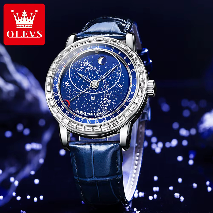 OLEVS Armbanduhr Automatik, Edelstahl, Leder, Blau, Mondphase, Herren - Bild 3