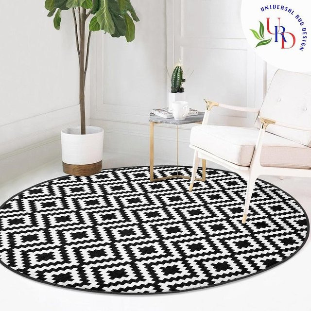 Karpetti Runder Teppich mit geometrischem Kreisdesign in Schwarz-Weiß, Rutschfest und Waschbar, Durchmesser: 40 cm - Bild 1