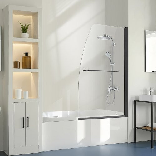 VEVOR rahmenlose Badewannen-Duschkabine aus gehärtetem Glas, halbseitige Duschglastür mit 180 Grad Scharnier, Farbe Schwarz, B: 86,4 cm, H: 139,7 cm - Bild 1