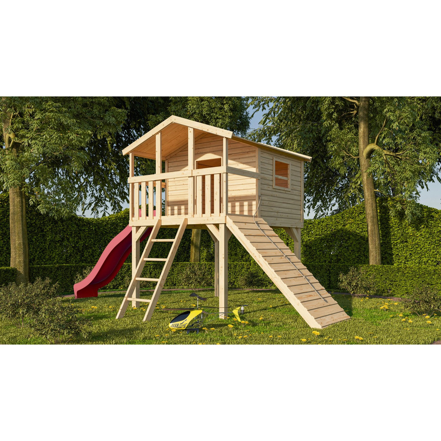 Karibu Stelzenhaus Benjamin Set aus Naturholz mit Rampe und Rutsche in Rot, B/H/T: 198 x 309 x 244 cm, Braun - Bild 2