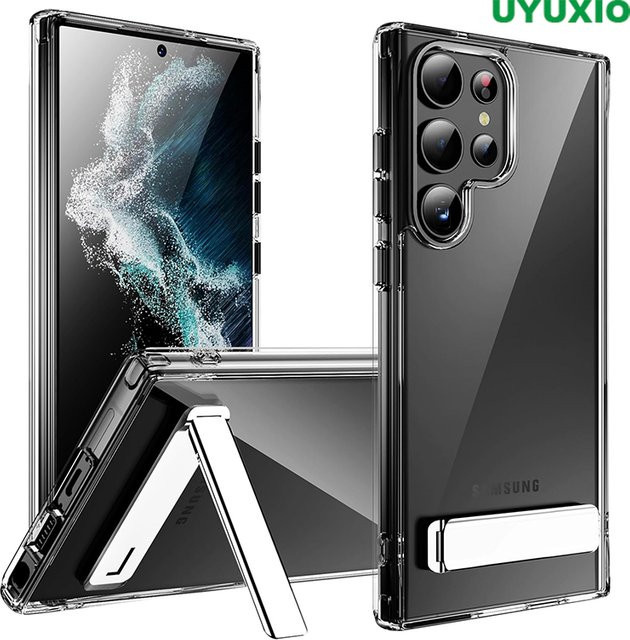 UYUXIO Kristallklare Handyhülle mit integriertem Ständer für Samsung Galaxy S25, S24, S23 Ultra und S22 Plus, Farbe: transparent - Bild 1