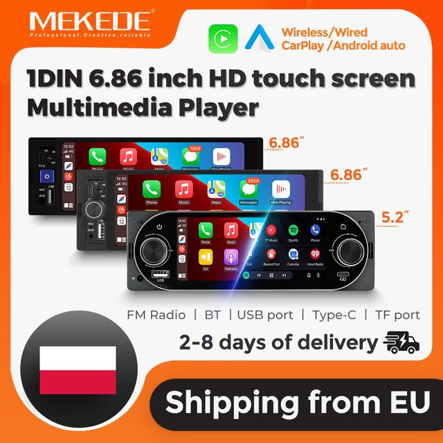 MEKEDE 1Din Universal Auto-MP5-Player mit 6,86 Zoll HD-Touchscreen, kabelloses CarPlay und Android Auto, Bluetooth, GPS-Navigation, USB Typ-C, FM, TF-Karte und Mirror Link in Schwarz - Bild 1