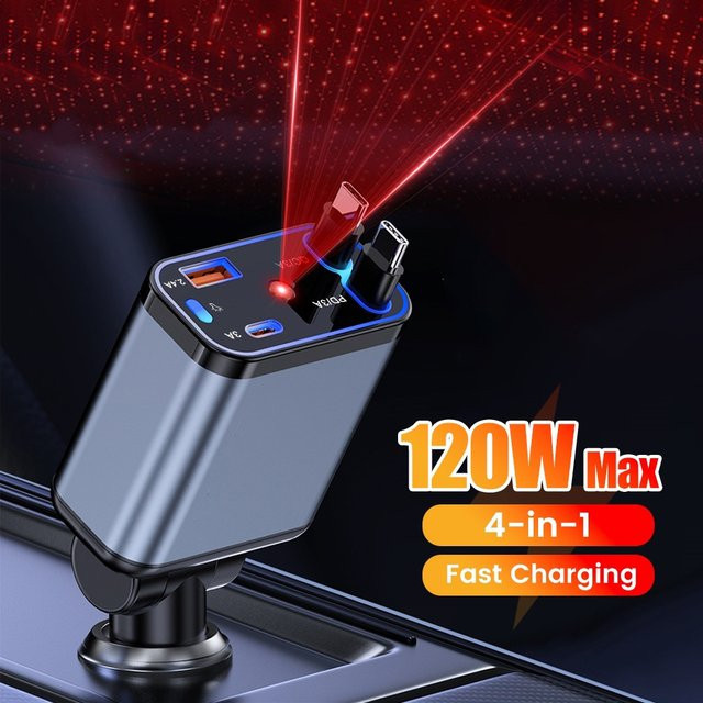 120W Einziehbares Auto-Ladegerät mit 4-in-1 Schnellladegerät USB und PD 30W sowie Dach-Sternenhimmel für iOS und Android - Bild 1