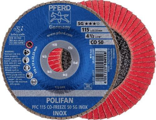 PFERD Polifan Fächerschleifscheibe CO-FREEZE 50 SG INOX für Edelstahl, Durchmesser: 115 mm, Bohrungs-Ø: 22,23 mm, Körnung: 50 - Bild 1