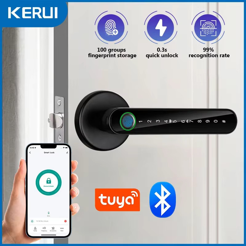 KERUI Smart Fingerabdruck-Türschloss in Schwarz mit Tuya Smart/Smart Life App-Steuerung, elektronisches Türschloss mit Passwort, Schlüssel und Kartenentriegelung - Bild 2