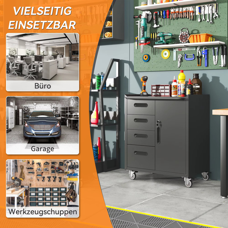 Robuster Werkzeugschrank aus Metall mit Rollen in Schwarz/Grau, B/T/H: 75 x 42 x 88 cm - Bild 3