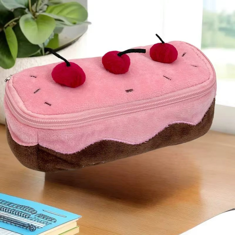 CHENJ Plüsch Federmäppchen Kawaii Kirsch- und Kuchen-Design in Pink als flaches Etui für Mädchen und Schule - Bild 2