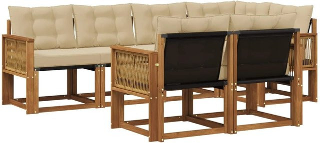 vidaXL Outdoor-Sofagarnitur in L-Form aus massivem Akazienholz mit Textilene und 7 Kissen in Natur und Beige - Bild 1