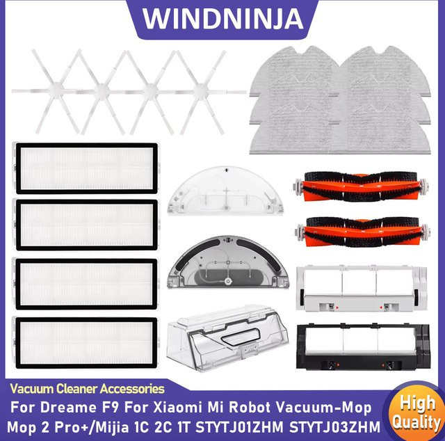 Dreame Ersatzteil-Set in Schwarz mit Staubbehälterfilter, Wassertank, Wischtuch, Seitenbürsten und Abdeckung für Xiaomi Mijia 1C 2C 1T STYTJ01ZHM Mi Mop und Dreame F9 Roboter-Staubsauger - Bild 1
