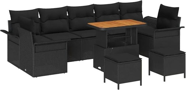 vidaXL Garten-Sofa-Set 10-teilig aus Polyrattan und Akazienholz in Schwarz mit Polstern - Bild 1