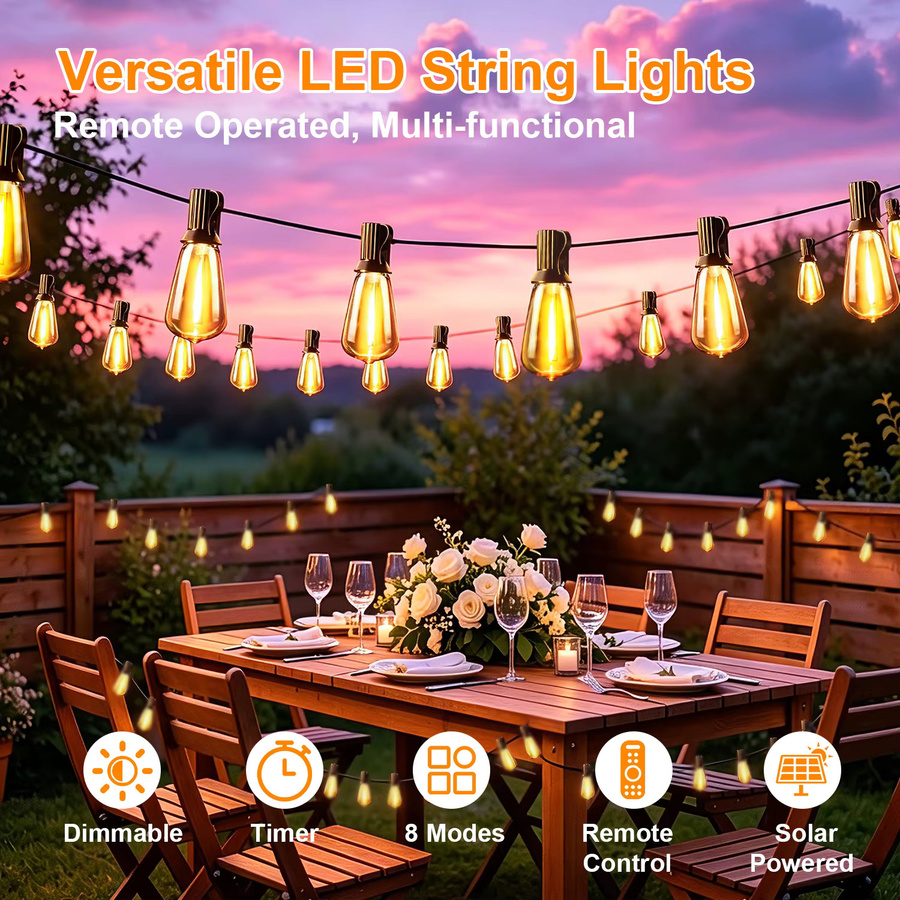 Aiopp ST38 Solar-LED-Lichterkette für den Außenbereich mit Fernbedienung, wasserdicht und bruchsicher, E12-Sockelbirnen, transparente Feenlampe für Garten und Terrasse - Bild 7