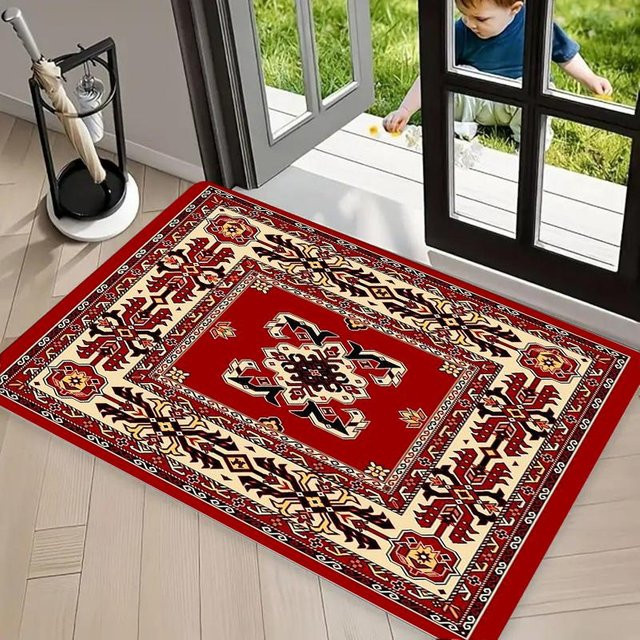 Orientalische Medaillon-Fußmatte syw two in Rot mit Blumenrand, Vintage Persischer Teppich für Eingangsbereich, Badezimmer oder Küche, B/B: 40 x 60 cm - Bild 1