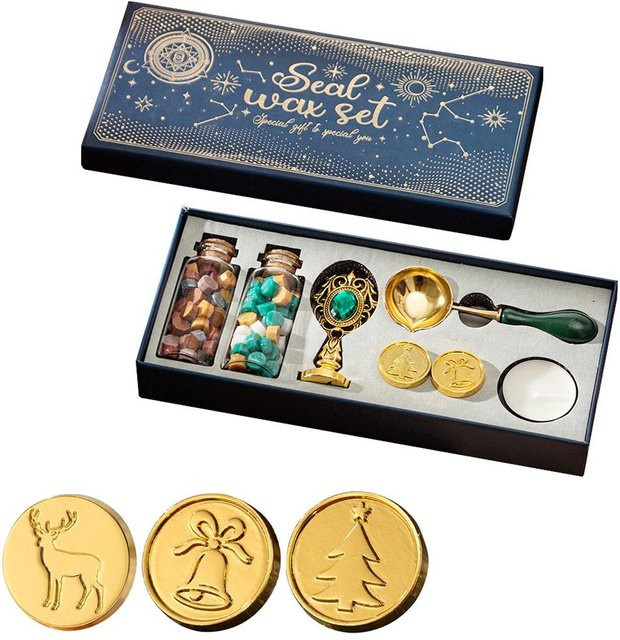 TOMTOP JMS Wachssiegel-Stempel-Set im Vintage-Stil mit 3 Siegelstempeln, Wachsperlen, Löffel und Kerze in Grün und Multicolour - Bild 1