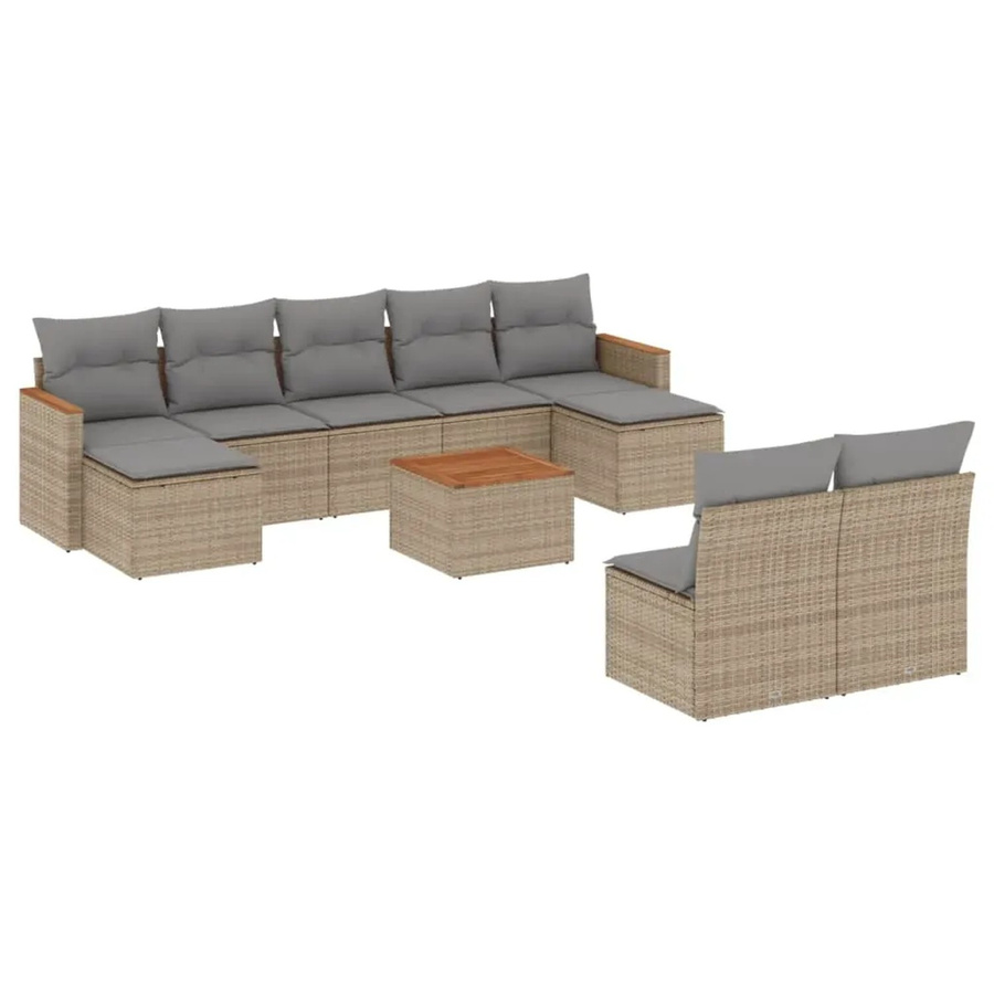 vidaXL 10-tlg. Garten-Sofagarnitur aus Poly-Rattan und Akazienholz in Beige mit Kissen - Bild 2