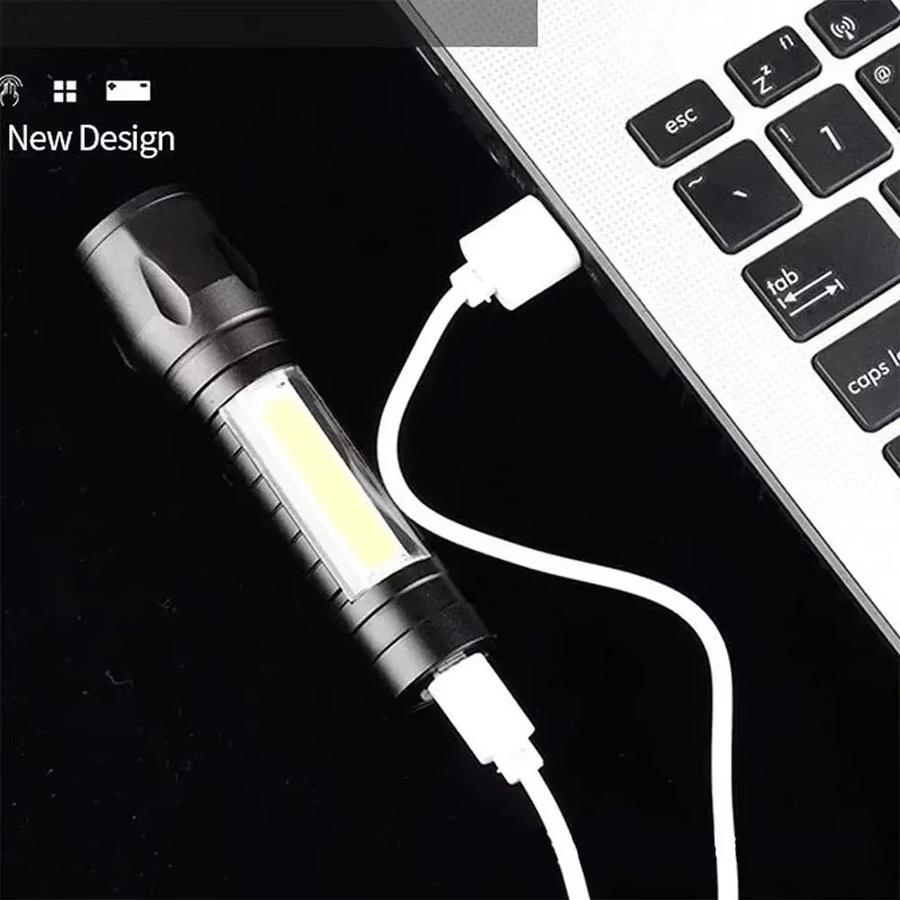 Mini-LED-Taschenlampe mit COB und XPE, tragbare taktische Taschenlampe mit USB-Aufladung, zoombare Leselampe in Schwarz mit Stiftclip - Bild 3