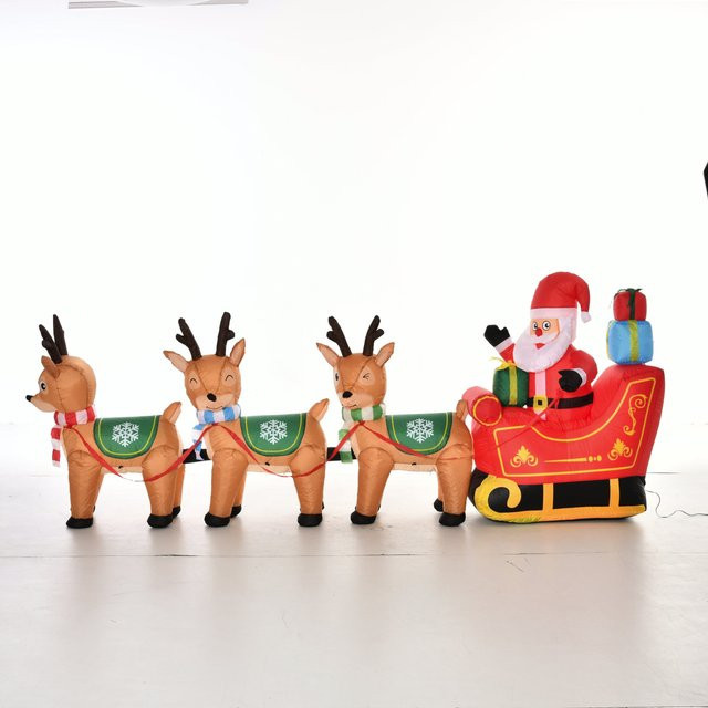 HOMCOM Aufblasbarer Weihnachtsmann auf Schlitten mit 3 Hirschen und Lichtern, Weihnachtsdekoration aus Polyester, Höhe: 130 cm, Mehrfarbig - Bild 1