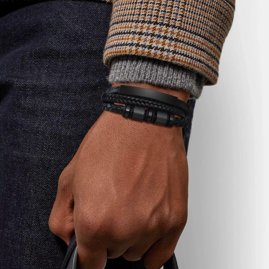 Vnox Armband, 3 Schichten, schwarz, PU Leder, Edelstahl, Herren - Bild 2