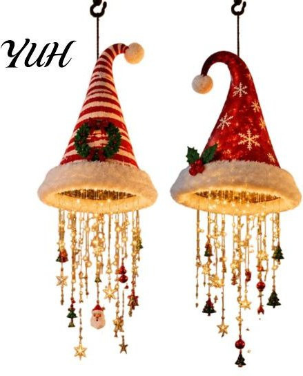 Yuhangdei Weihnachtsbaum Hängende Ornamente mit LED-Lichterkette, Leuchtende Weihnachtsmütze und Laterne in Rot und Weiß - Bild 1