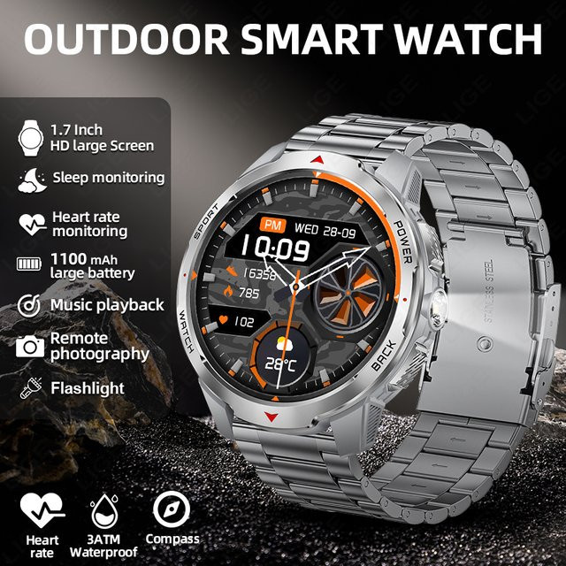 LIGE Smartwatch mit 1,7 Zoll Bildschirm, Bluetooth Anruf und Sprachassistent, 3ATM Wasserdicht, Sport und Fitness, Grau/Silber - Bild 1