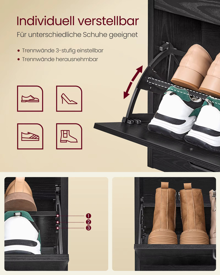 VASAGLE Schuhschrank mit 4 Klappen in Schwarz, moderner Schuhkipper für den Flur mit verstellbaren Trennwänden und Belüftung - Bild 3