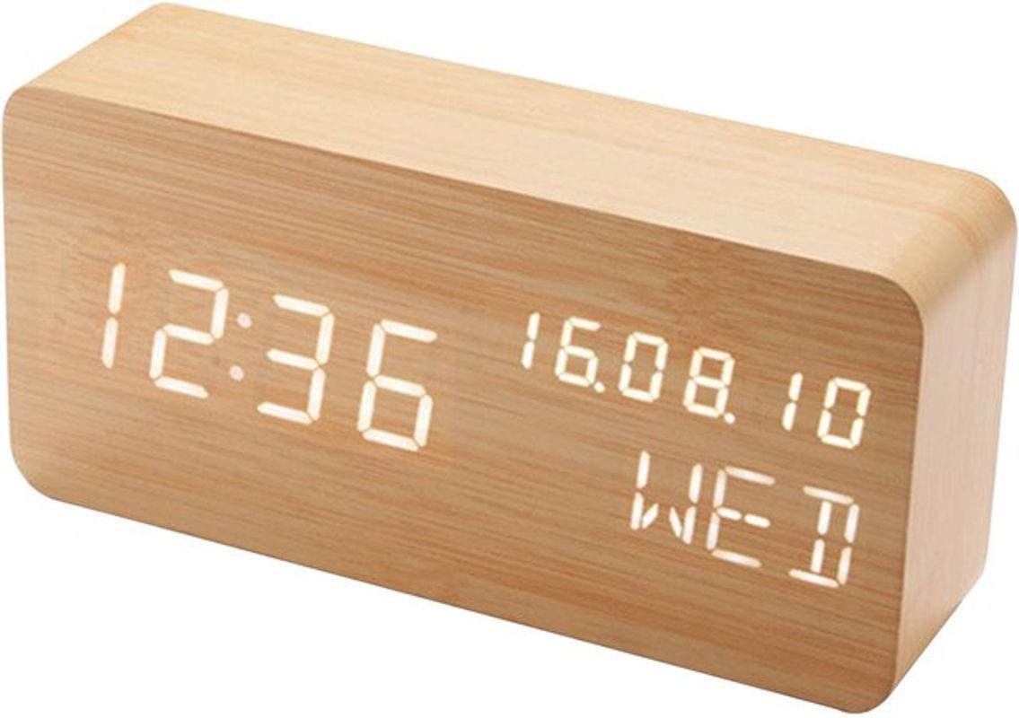 Digitaler Schreibtisch-Wecker aus Holz von Tooarts mit Sprachsteuerung, LED-Anzeige, Datum, Thermometer und Hygrometer in Beige - Bild 1
