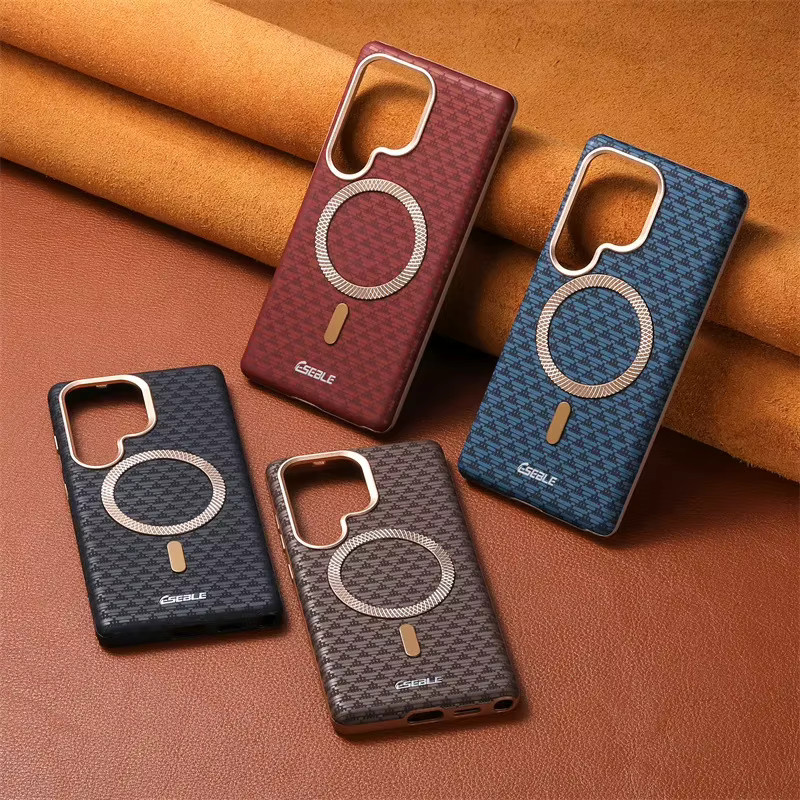RUWANHU Luxus Leder Handyhülle mit Magnetischer Faser Textur für Samsung Galaxy S24 und S25 Ultra Plus in Schwarz mit MagSafe Kompatibilität und Wireless Charging Unterstützung - Bild 1