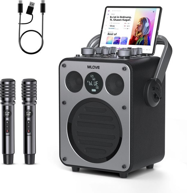 MLOVE D5 Professionelle Karaoke-Maschine in Schwarz mit Bluetooth, 2 kabellosen Mikrofonen und Aufnahmefunktion - Bild 1