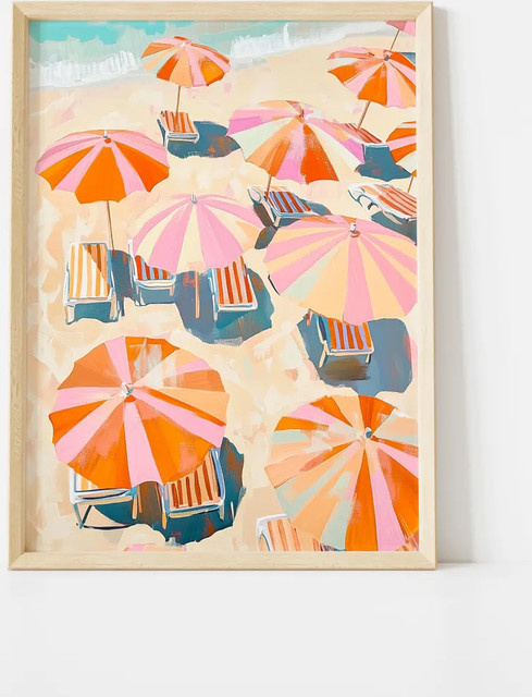 Modernes Impasto-Wandgemälde mit gestreiften Sonnenschirmen am Strand in Pink und Orange von SHENCHEN - Bild 1