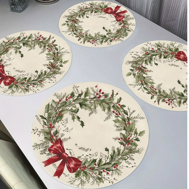 VIKAMA Retro-Weihnachts-Tischsets 4er-Set, rutschfeste Platzsets mit Musiknoten-Design, Beeren und Kranz in Rot und Grün - Bild 1