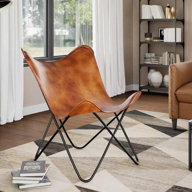 vidaXL Butterfly-Sessel aus braunem Echtleder mit Eisenrahmen im Vintage-Stil, B/T/H: 74 x 66 x 90 cm - Bild 2