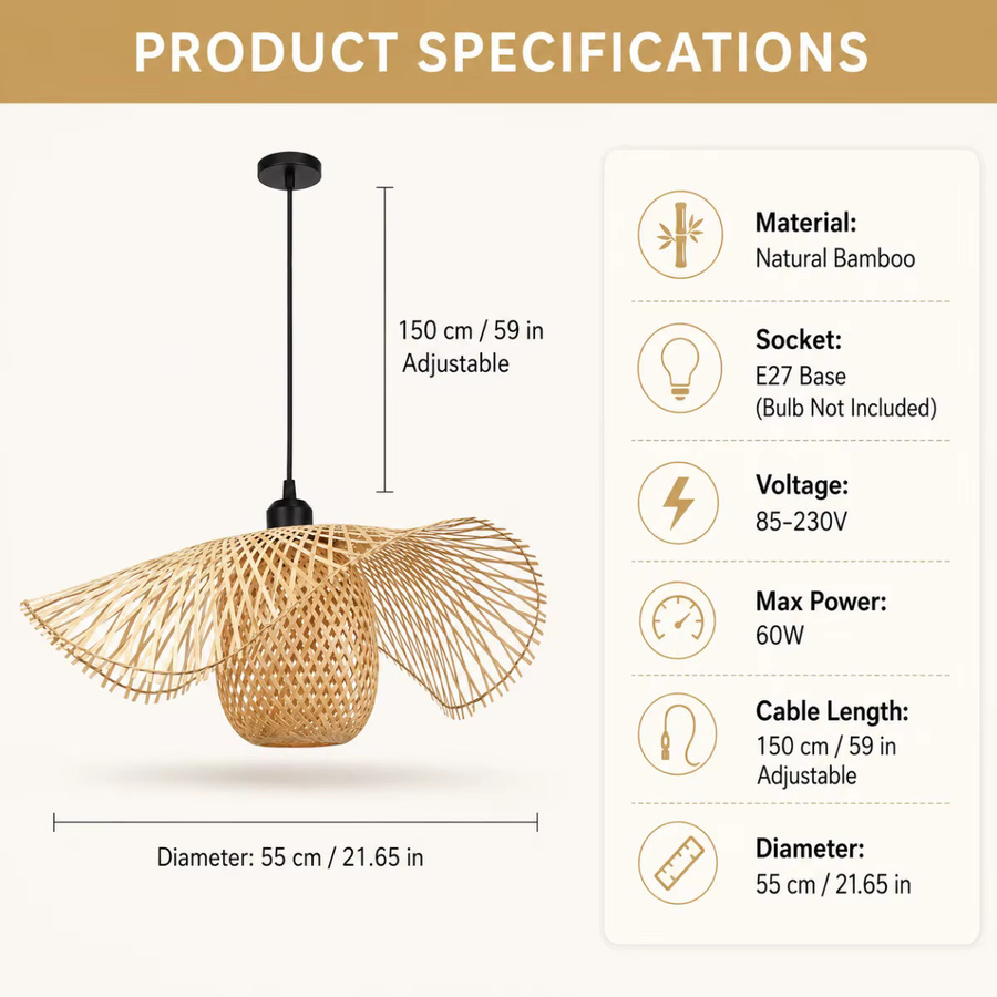JOYINLED Wabi-Sabi Pendelleuchte aus Bambus und Rattan in Beige, LED Hängelampe für Wohnzimmer, Esszimmer und Schlafzimmer, Durchmesser: 55 cm - Bild 2
