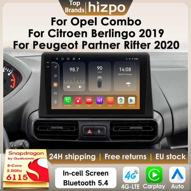 Hizpo Android 14 Autoradio mit 8GB RAM und 128GB Speicher für Opel Combo, Citroen Berlingo 2019 und Peugeot Partner Rifter 2020 mit GPS und Carplay in Schwarz - Bild 1