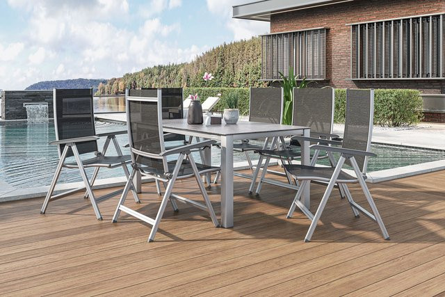 Kettler Cubic/Basic Plus Garten-Essgruppe aus Aluminium und Textilene in Silber/Anthrazit mit Tisch und 6 Klappstühlen, Tisch B: 160 cm, T: 90 cm, H: 74 cm - Bild 1