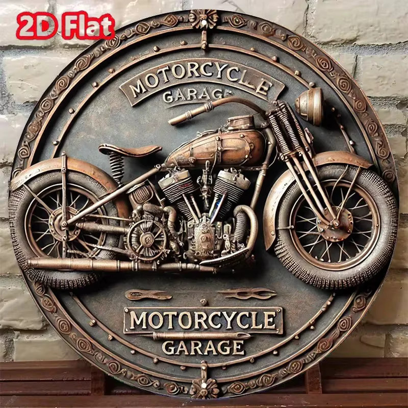 HELLOYOUNG Vintage Motorradgarage Aluminiumschild, Runde Wanddekoration aus Metallblech, Durchmesser: 20,32 cm - Bild 3