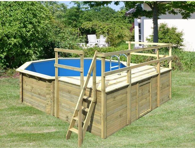 Karibu Achteck Aufstellpool Set 2 in Blau und Grau mit Filteranlage, Skimmer und drei Sonnenterrassen aus Massivholz Fichte - Bild 1