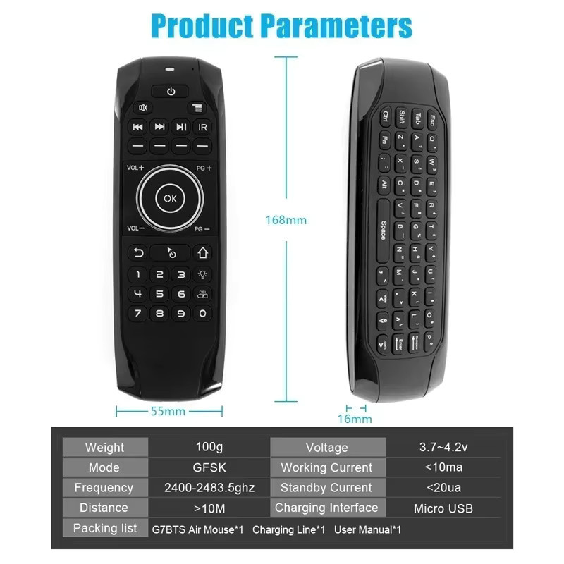 Luxuglow G7BTS Bluetooth-Tastatur 5.0 mit Gyroskop Air Mouse und IR-Lernfunktion, Mini-Tastatur mit Hintergrundbeleuchtung für Smart TV Box und PC, Schwarz - Bild 5