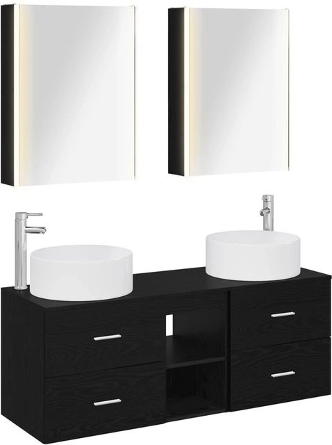 vidaXL Badezimmermöbel-Set 5-teilig in Schwarzer Eiche mit Glasfronten und LED-Beleuchtung, Wandmontage, Modernes Design - Bild 1