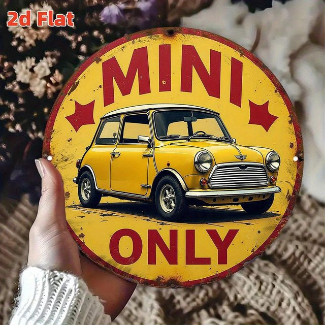 Vintage Rundes Blechschild Mini Cooper Retro Wanddekor Gelb und Rot, Durchmesser: 20 cm - Bild 1