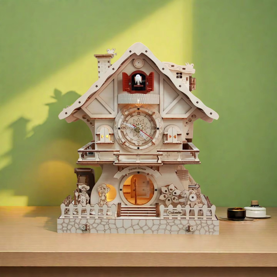 Cuberie 3D-Holzpuzzle Kuckucksuhr mit Spieluhr als DIY-Modellbausatz für Erwachsene in Champagner-Beige - Bild 4