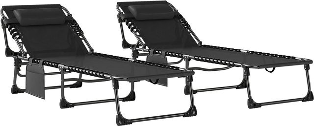 Outsunny Set mit 2 klappbaren Garten-Sonnenliegen aus Textilene in Schwarz, 5-stufig verstellbar mit Kopfkissen und Seitentaschen, B/T/H: 57 x 200 x 38 cm - Bild 1