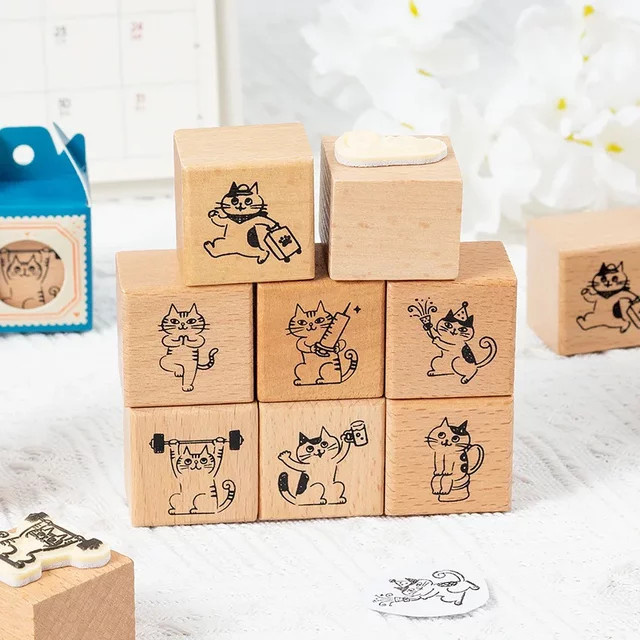 Holzstempel mit süßem Katzenmotiv in Braun für DIY-Projekte und Tagebücher - Bild 1
